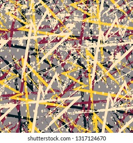 Abstract seamless geometric pattern with curved lines, dots, Shabby shape elements, colorful spray paint ink. Grunge urban pattern for boy, girl, sport clothes, wrapping paper.