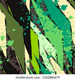 Abstract seamless geometric pattern with curved lines, dots, Shabby shape elements, colorful spray paint ink. Grunge urban pattern for boy, girl, sport clothes, wrapping paper.