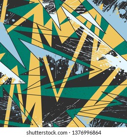 Abstract seamless geometric pattern with curved lines, dots, Shabby shape elements, colorful spray paint ink. Grunge urban pattern for sport clothes, wrapping paper.