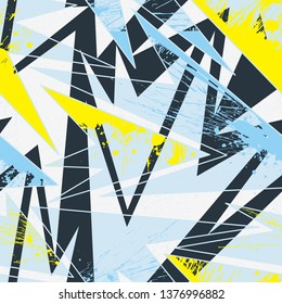 Abstract seamless geometric pattern with curved lines, dots, Shabby shape elements, colorful spray paint ink. Grunge urban pattern for sport clothes, wrapping paper.