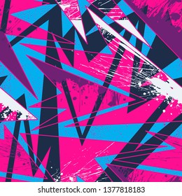 Abstract seamless geometric pattern with curved lines, dots, Shabby shape elements, colorful spray paint ink. Grunge urban pattern for sport clothes.