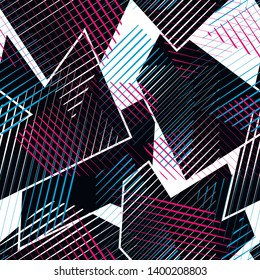 Abstract seamless geometric pattern with curved lines, dots, Shabby shape elements, colorful spray paint ink. Grunge urban pattern for boy, girl, sport clothes, wrapping paper.
