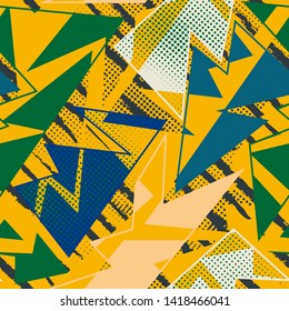 Abstract seamless geometric pattern with curved lines, triangle elements. Grunge urban repeated backdrop for textile, wrapping paper.