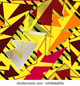 Abstract seamless geometric pattern with curved lines, triangle elements. Grunge urban repeated backdrop for textile, wrapping paper.