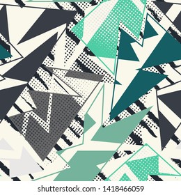 Abstract seamless geometric pattern with curved lines, triangle elements. Grunge urban repeated backdrop for textile, wrapping paper.