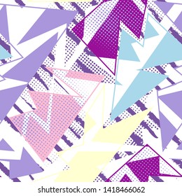 Abstract seamless geometric pattern with curved lines, triangle elements. Grunge urban repeated backdrop for textile, wrapping paper.