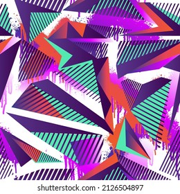 Abstract seamless geometric pattern with curved lines, triangles, lines, Shabby  elements, colorful spray paint ink. Grunge urban pattern for boy, girl, sport clothes, wrapping paper. Gradient colors 