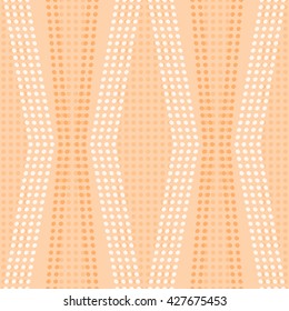 Abstract seamless geometric pattern. Curved vertical stripes of white and orange small circles. Endless dots print in peach color. Vector illustration for various creative projects