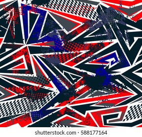 Abstract seamless geometric pattern with curved lines, arrow, triangles, squares. Repeated backdrop in contrast colors. Grunge shape elements. textured wallpaper