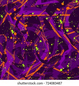 Abstract seamless geometric pattern with curved lines, spray paint ink elements, brush track, arrows. Grunge urban repeated backdrop for textile, clothes, wrapping paper. Chaotic colorful background