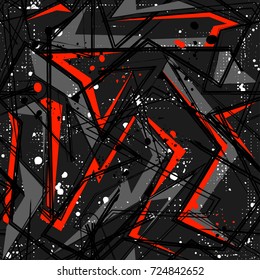 Abstract seamless geometric pattern with curved lines, spray paint ink elements. Grunge urban repeated backdrop for textile, clothes, wrapping paper. Chaotic background in grey, black, red colors