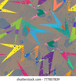 Abstract seamless geometric pattern with curved lines, stars, dots, arrow, shabby elements. grunge urban repeated backdrop for girls, sport clothes, wrapping paper. Pink and blue multilayer wallpaper
