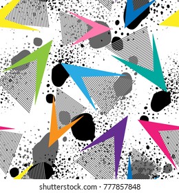 Abstract seamless geometric pattern with curved lines, stars, dots, arrow, shabby elements. grunge urban repeated backdrop for girls, sport clothes, wrapping paper. Pink and blue multilayer wallpaper