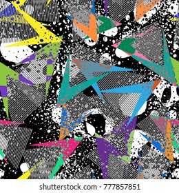 Abstract seamless geometric pattern with curved lines, stars, dots, arrow, shabby elements. grunge urban repeated backdrop for girls, sport clothes, wrapping paper. Pink and blue multilayer wallpaper