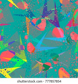 Abstract seamless geometric pattern with curved lines, stars, dots, arrow, shabby elements. grunge urban repeated backdrop for girls, sport clothes, wrapping paper. Pink and blue multilayer wallpaper