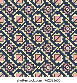 Abstract seamless geometric pattern of diagonal divided squares and polygonal shapes. Elegant fashion print in yellow, blue, pink colors