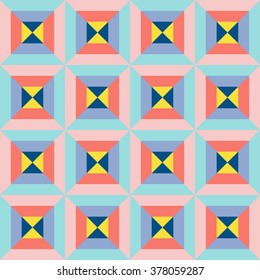 Abstract seamless geometric pattern of diamond shapes, consisting of colored stripes - snorkel blue, serenity, limpet shell, rose quartz, peach echo and buttercup. Vector illustration.