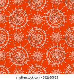 Abstract seamless geometric pattern in doodle style. White snowflakes on orange background, hand drawn, vector. For background design and decoration, wallpaper, packaging, fabrics, textiles.