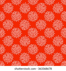 Abstract seamless geometric pattern in doodle style. White snowflakes on orange background, hand drawn, vector. For background design and decoration, wallpaper, packaging, fabrics, textiles.