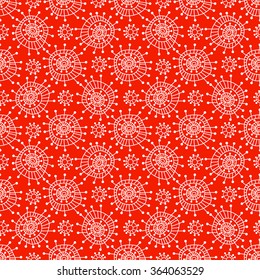 Abstract seamless geometric pattern in doodle style. White snowflakes on orange background, hand drawn, vector. For background design and decoration, wallpaper, packaging, fabrics, textiles.