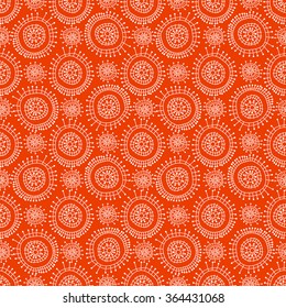 Abstract seamless geometric pattern in doodle style. White snowflakes on orange background, hand drawn, vector. For background design and decoration, wallpaper, packaging, fabrics, textiles.