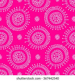 Abstract seamless geometric pattern in doodle style. White snowflakes on pink background, hand drawn, vector. For background design and decoration, wallpaper, packaging, fabrics, textiles.