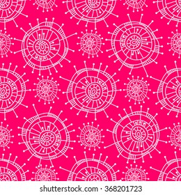 Abstract seamless geometric pattern in doodle style. White snowflakes on pink background, hand drawn, vector. For background design and decoration, wallpaper, packaging, fabrics, textiles.
