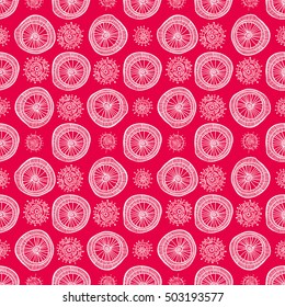 Abstract seamless geometric pattern in doodle style. White snowflakes and circles on red background, hand drawn. For background design and decoration, wallpaper, packaging, fabrics, textiles.