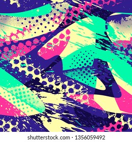 Abstract seamless geometric pattern with dots, shabby shape elements, colorful spray paint ink. Grunge urban pattern for boy, girl, sport clothes, wrapping paper.