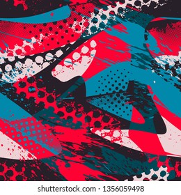 Abstract seamless geometric pattern with dots, shabby shape elements, colorful spray paint ink. Grunge urban pattern for boy, girl, sport clothes, wrapping paper.