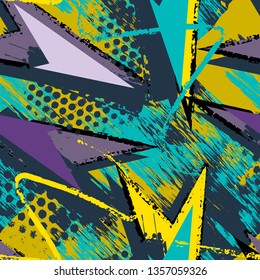 Abstract seamless geometric pattern with dots, shabby shape elements, colorful spray paint ink. Grunge urban pattern for boy, girl, sport clothes, wrapping paper.