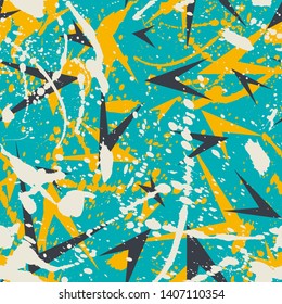 Abstract seamless geometric pattern with dots, shabby shape elements, colorful spray paint ink. Grunge urban pattern for boy, girl, sport clothes, wrapping paper.