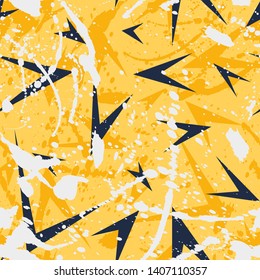 Abstract seamless geometric pattern with dots, shabby shape elements, colorful spray paint ink. Grunge urban pattern for boy, girl, sport clothes, wrapping paper.