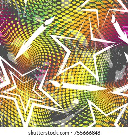 Abstract seamless geometric pattern with dots, splash and spots, grunge stars. Grunge urban repeated backdrop for textile, wrapping paper.