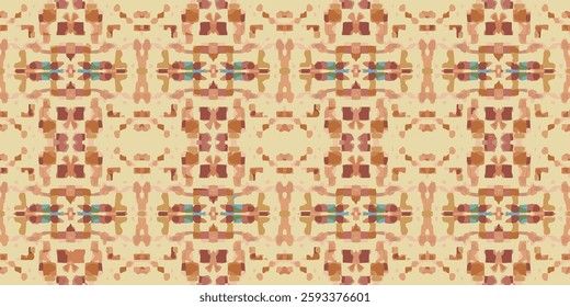 Abstract seamless geometric pattern. Earthy tones. Brown, red, blue and beige colors. Repeating design. Intricate motifs. Textured appearance. Modern style. Ethnic and boho chic inspiration.