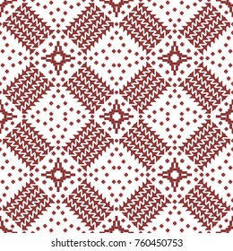 Abstract seamless geometric pattern with embroidery elements. Contrasting vector print in wine and white colors