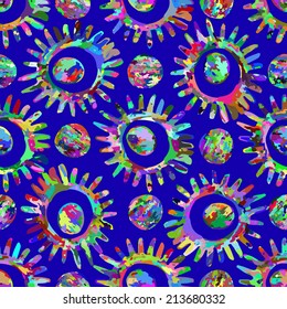 Abstract seamless geometric pattern. Fantastic multicolor structure bizarre shapes, stars, splashes, circles, space, vector. 