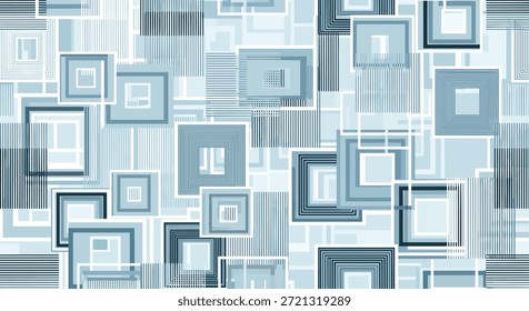 Abstractas patrón geométrico sin fisuras con una compleja disposición de cuadrados concéntricos y líneas en tonos azules y grises fríos.