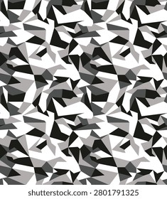 Abstract seamless geometric pattern featuring fractured polygon shapes in black, white, and gray tones, ideal for sublimation printing, fashion textiles, apparel fabrics, wallpaper, and surface design.