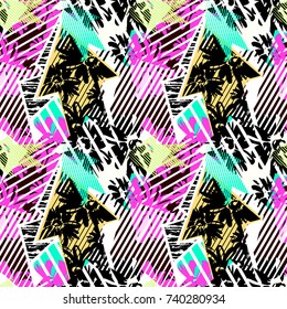 Abstract seamless geometric pattern with flowers, arrows,triangles and strips. Grunge urban dynamic expressive bright painting.Print for textile,apparel, wrapping paper.