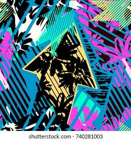 Abstract seamless geometric pattern with flowers, arrows,triangles and strips. Grunge urban dynamic expressive bright painting.Print for textile,apparel, wrapping paper.