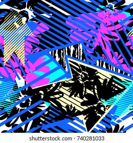 Abstract seamless geometric pattern with flowers, arrows,triangles and strips. Grunge urban dynamic expressive bright painting.Print for textile,apparel, wrapping paper.