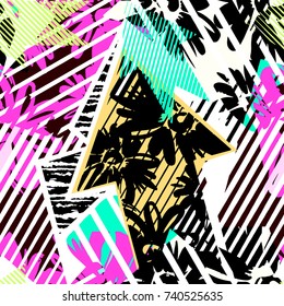 Abstract seamless geometric pattern with flowers, arrows,triangles and strips. Grunge urban dynamic expressive bright painting.Print for textile,apparel, wrapping paper.
