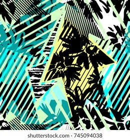 Abstract seamless geometric pattern with flowers, arrows,triangles and strips. Grunge urban dynamic expressive bright painting.Print for textile,apparel, wrapping paper.