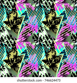 Abstract seamless geometric pattern with flowers, arrows,triangles and strips. Grunge urban dynamic expressive bright painting.Print for textile,apparel, wrapping paper.