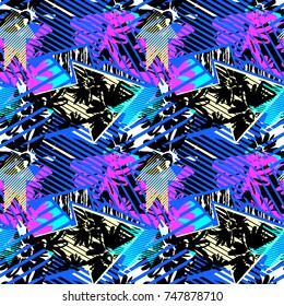 Abstract seamless geometric pattern with flowers, arrows,triangles and strips. Grunge urban dynamic expressive bright painting.Print for textile,apparel, wrapping paper.