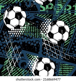 Abstract seamless geometric pattern with football. Grunge urban repeating background with soccer ball for textile, wrapping paper. 