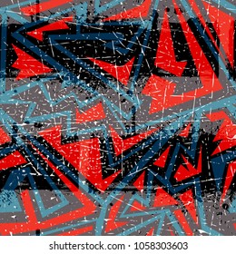 Abstract seamless geometric pattern for girls, textile, clothes. Grunge urban geometric repeated backdrop worn shape arrow, line, spray paint, ink, dots. Chaotic colorful neon wallpaper