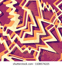 Abstract seamless geometric pattern for girls, textile, clothes. Grunge urban geometric repeated backdrop worn shape arrow, line, spray paint, ink, dots. Chaotic colorful neon wallpaper