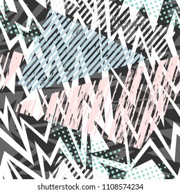 Abstract seamless geometric pattern for girls, textile, clothes. Grunge urban geometric repeated backdrop worn shape arrow, line, spray paint, ink, dots. Chaotic colorful neon wallpaper